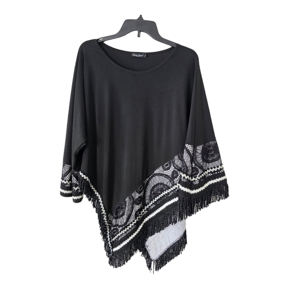 Dor Dor Couture Poncho Asymmetrical Fringe One Sleeve Shawl Sweater Top … - Picture 1 of 12